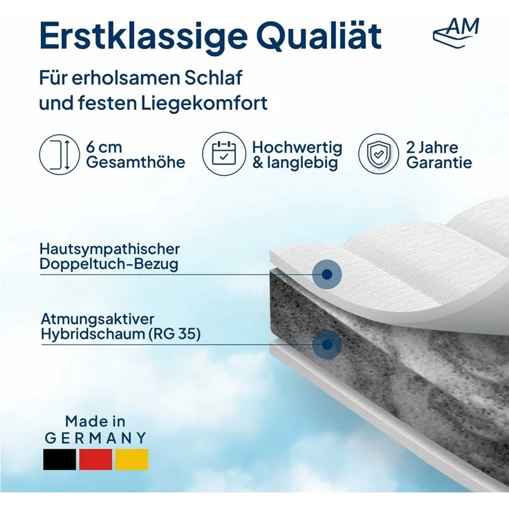 AM Qualitätsmatratzen, Topper fest, Harter Matratzentopper H4, Bezug waschbar, 6 cm hoch, Hybridschaum, 120x200 cm – Bild 2