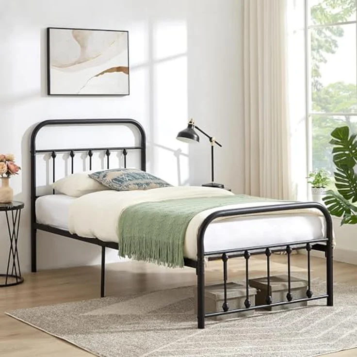 VECELO Bettrahmen 90 x 200 cm Metallbett mit Lattenrost und Hohem Kopfteil, Modern Gästebett Jugendbett, Einfacher Aufbau für Schlafzimmer Gästezimmer, Schwarz – Bild 3