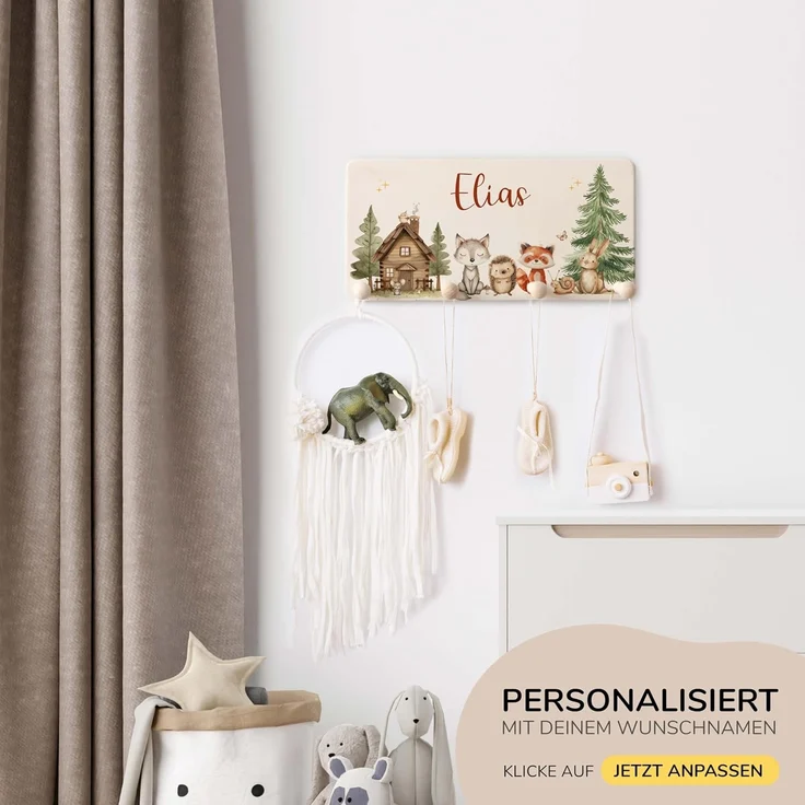Kidsmood Kindergarderobe Personalisiert mit Namen, Kinderzimmer Möbel aus robustem Holz, Garderobenleiste Kinder, Baby Garderobe für Babyzimmer mit 4 Kleiderhaken Wand-Montage [40 x 20 x 1,5 cm] – Bild 8