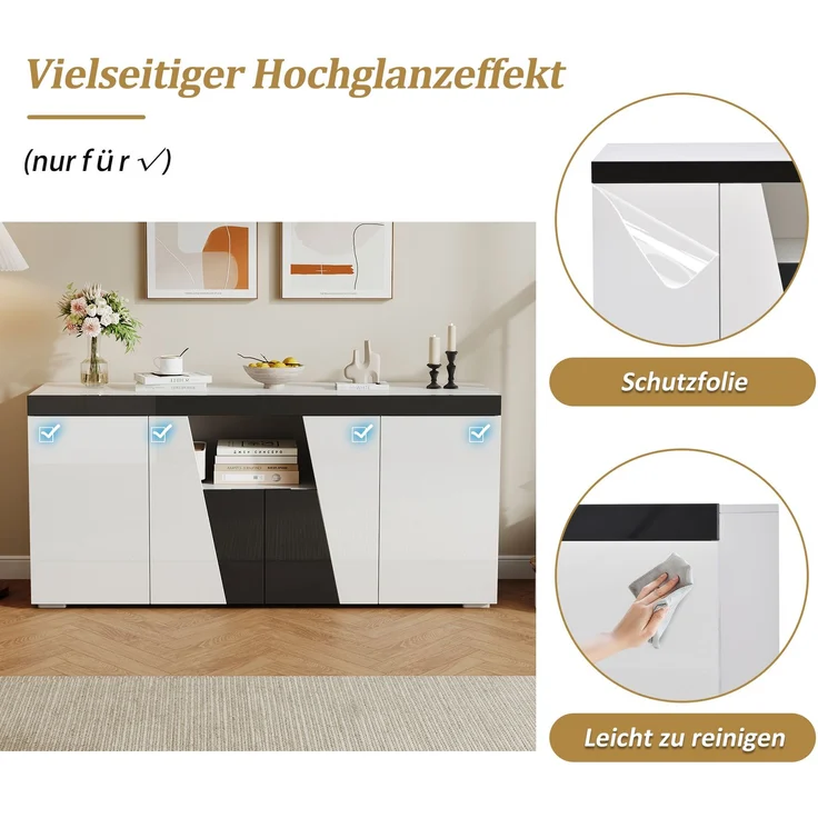 Merax 140 cm Sideboard, Großer Aufbewahrungsschrank mit 3 Schränken und 4 Türen, Abgewinkeltes Design + Schwarz-Weiß-Farbblockierung, Moderne Kommode mit LED-Lichtleiste – Bild 6