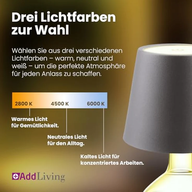AddLiving LED Akku-Tischleuchte grau, dimmbar mit 3 Lichtfarben und IP44 Schutz für den Innen- und Außenbereich – Bild 5