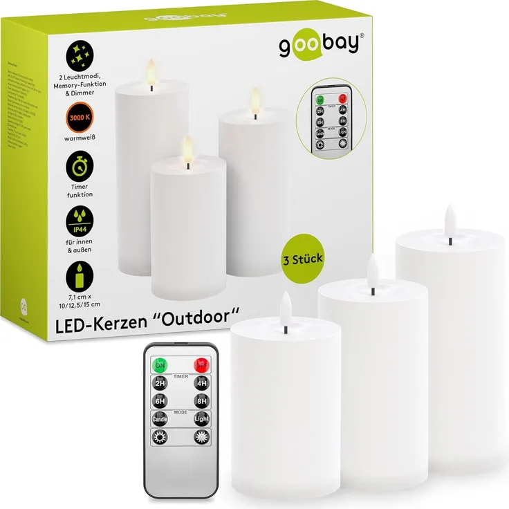 goobay 64786 LED Kerzen 3er Set mit Fernbedienung / elektrische Outdoor Kerzenlichter / realistisch flackernde Flamme / LED Deko / Timerfunktion / Flammenlose LED Kerzen / Batteriebetrieben / weiß