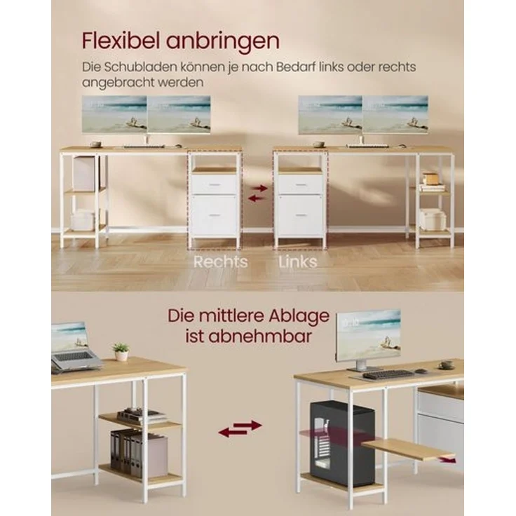 VASAGLE Computertisch, Bürotisch, Schreibtisch, mit 3 Ablagen, 2 Schubladen, 60 x 140 x 76 cm, fürs Büro, Wohnzimmer, moderner Stil, natureichenfarben-perlweiß – Bild 4