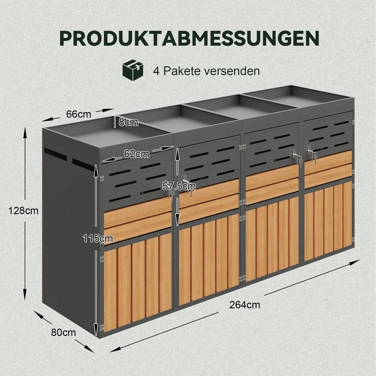 LVHOM Mülltonnenbox 4er mit Pflanzkasten, 4x240 L, Abschließbare Mülltonnenverkleidung aus Stahl für Garten, Anthrazit – Bild 8