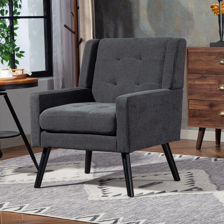 LVHOM Sessel aus Leinenstoff mit Knopfsteppung, Relaxsessel mit Massivholzbeinen, Polstersessel für Wohnzimmer & Büro, bis 130kg, Dunkelgrau – Bild 2