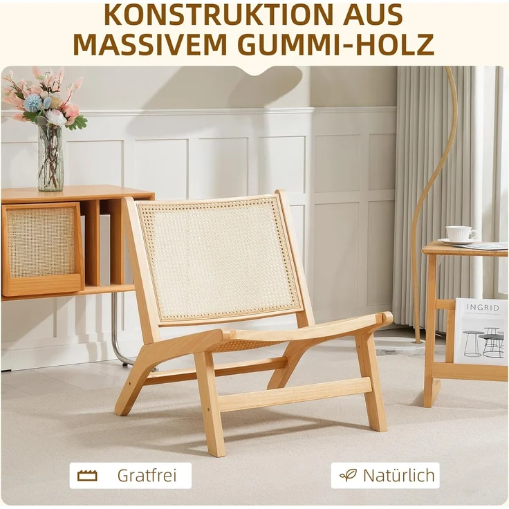 HOMCOM Relaxsessel Rattan-Akzentsessel (Sessel mit Gummibaumholzrahmen, 1-St, für Schlafzimmer und Wohnzimmer), 70 x 64 x 74 cm Naturholz-Finish – Bild 5