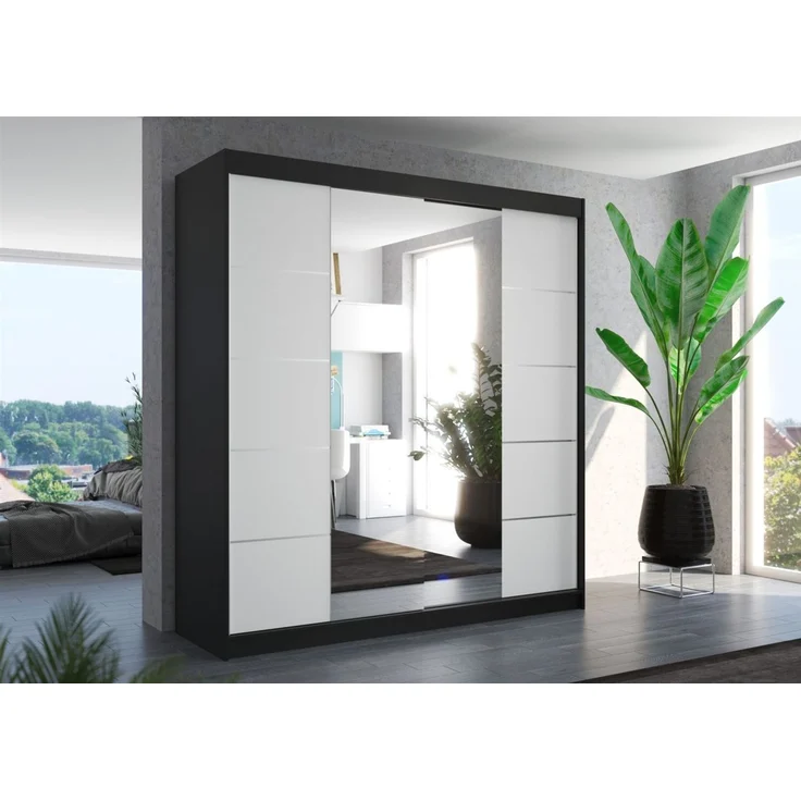 Schiebetürenschrank Schrank Nr. 430 in Schwarz- Weiss matt- Spiegel 200 x 215 x 58 cm – Bild 1