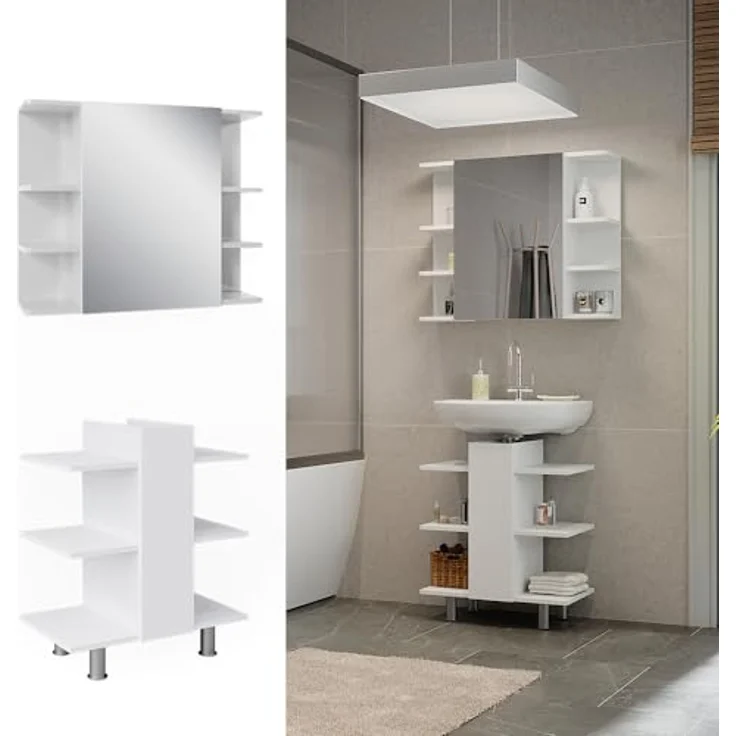 Vicco Fynn Badmöbelset, Weiß, mit Waschbeckenunterschrank und Spiegelschrank, viel Stauraum – Bild 2