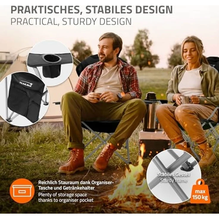 Hauki Campingstuhl Faltstühl faltbar mit Getränkehalter & Tragetasche bis 150kg (2 St), 2x Klappstuhl 56x95x110cm Schwarz Angelstuhl mit Hochlehner Gepolster – Bild 5
