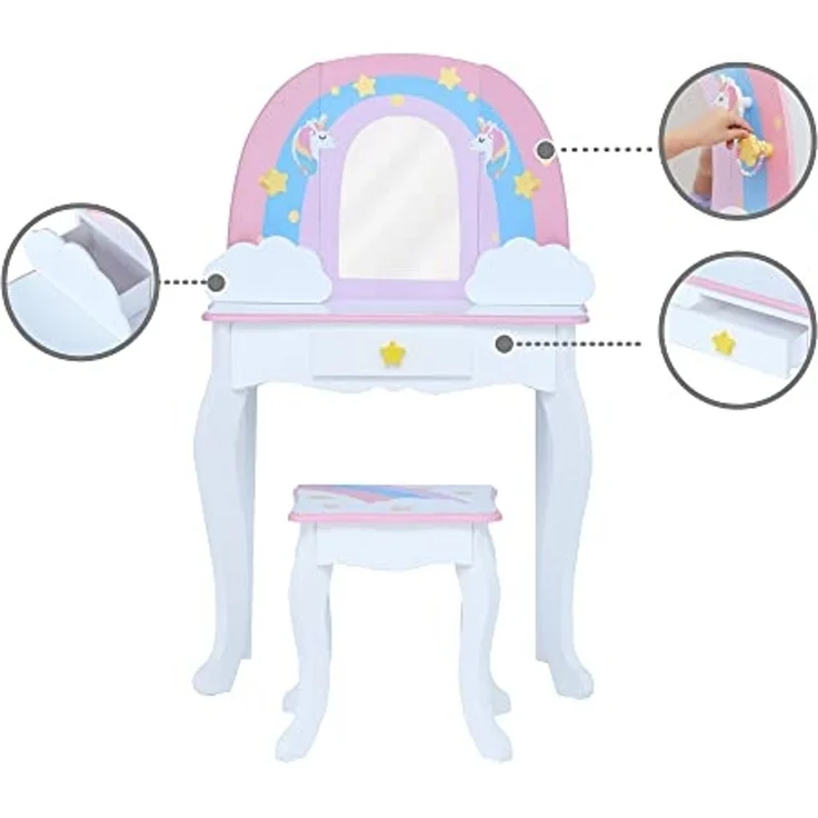 Teamson Kids Fantasy Fields Little Dreamer Regenbogen Schminktisch Schminktisch mit Spiegel, Integriertem Stauraum und Stuhlhocker Für Kinder, Weiß, TD-13543F – Bild 6