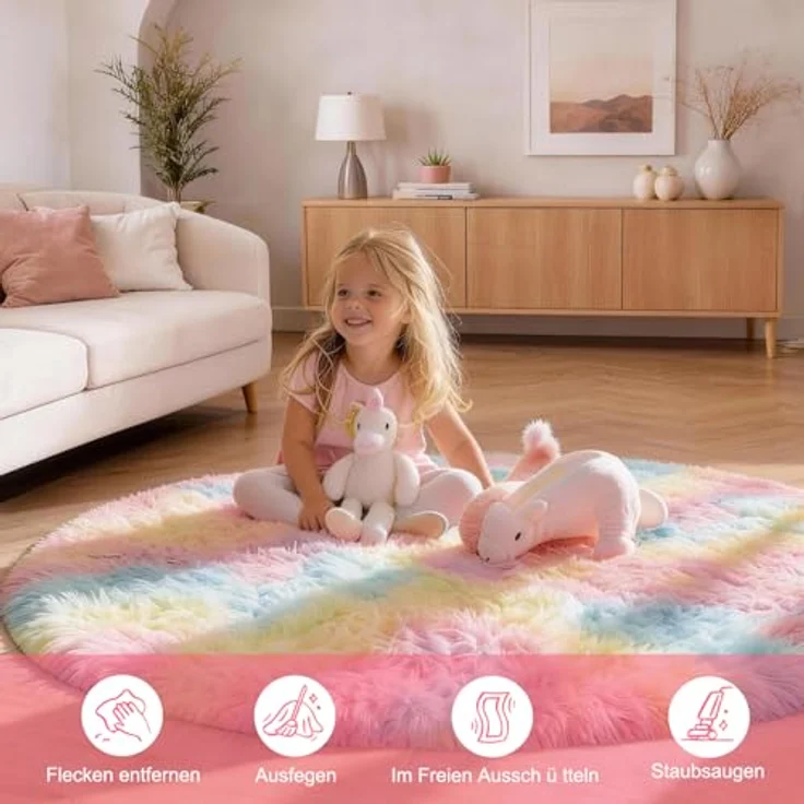 ROHATIM Teppich Schlafzimmer Rund 150 cm Regenbogen Waschbar Rutschfester Runder Hochflorteppich Wohnzimmer Kinderzimmer Mädchen Flauschig – Bild 3