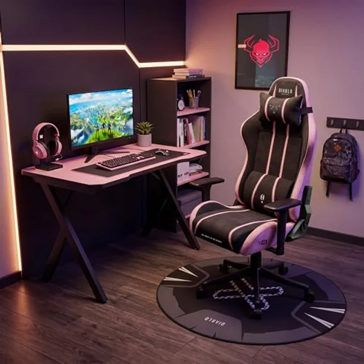 Diablo Gaming Stuhl ergonomisch Stoff Kinder Jugend Drehstuhl mit Lendenkissen Kopfstütze 3D Armlehnen verstellbar bis 140 Grad Bürostuhl klein Akira Pink – Bild 2