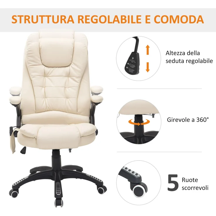 JARDJ Höhenverstellbarer Büromassagestuhl mit 6 Massagepunkten, PU, 62 x 68 x 111–121 cm, Beige – Bild 7