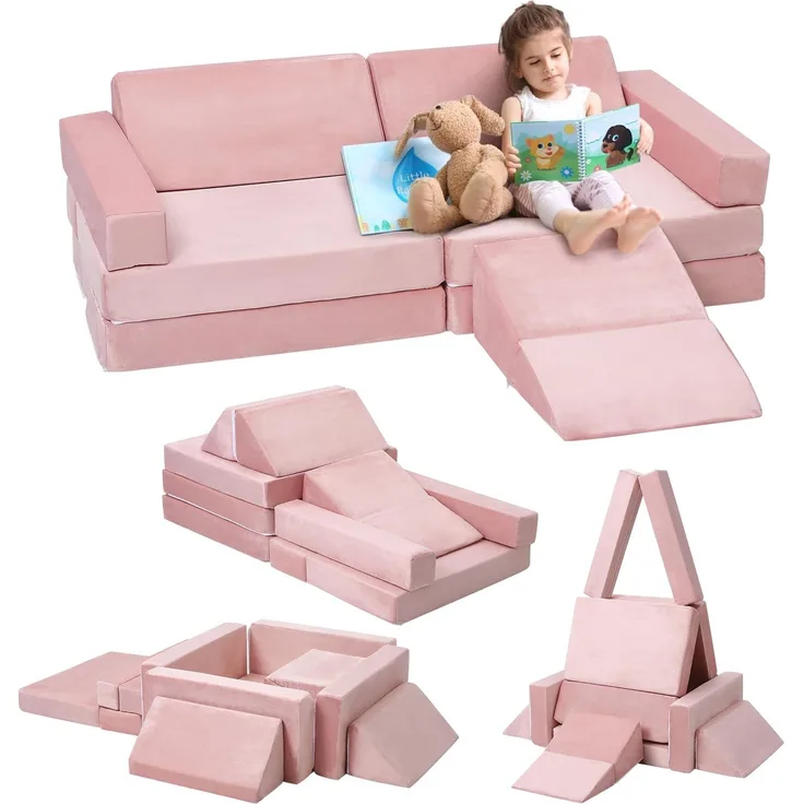 GarveeLife Kindersofa, 12 Stück Sofa für Kinder mit Schaumstoffblöcken, dick, widerstandsfähig, mit verdecktem Reißverschluss, modulares Sofa, faltbar, Rosa