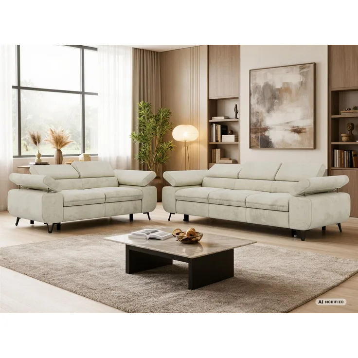 Sofagarnitur PETER 2-3 mit Schlaffunktion, verstellbare Kopfstützen und Armlehnen, freistehend, Wellenfederung, Couchgarnitur - Beige Velvet