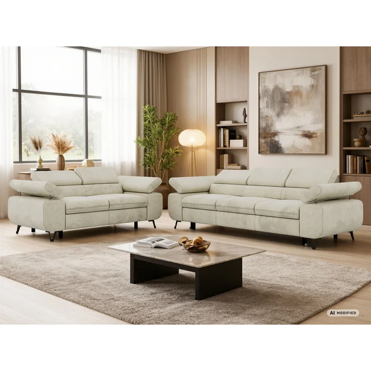 Sofagarnitur PETER 2-3 mit Schlaffunktion, verstellbare Kopfstützen und Armlehnen, freistehend, Wellenfederung, Couchgarnitur - Beige Velvet – Bild 1