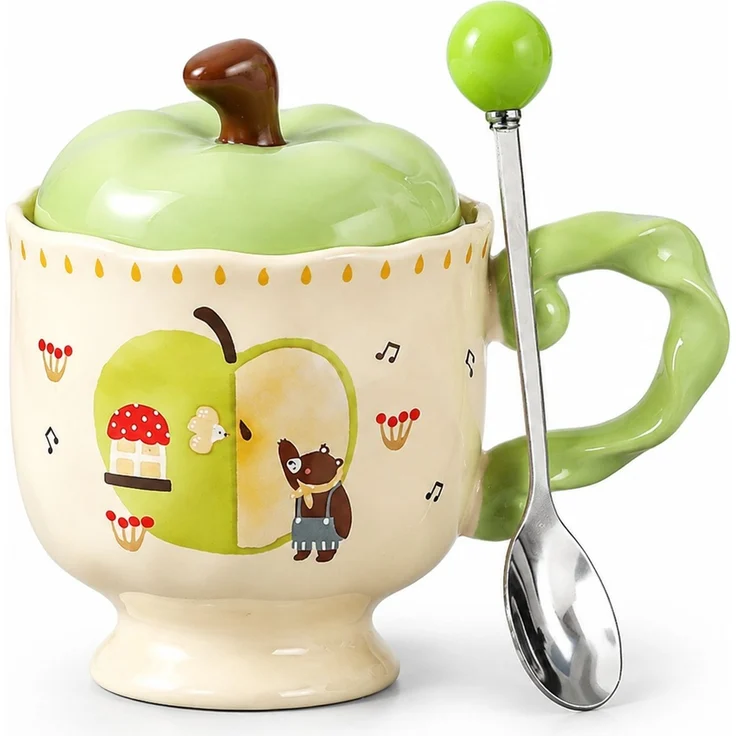 Keramiktasse in Apfelform mit Deckel und Löffel Kaffeetasse Grün 14 x 10 x 14 cm – Bild 1