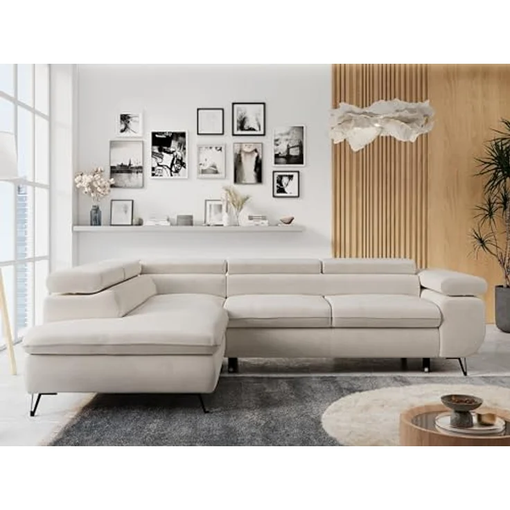 Mks Möbel 'Peter L-form' Ecksofa mit Bettfunktion, Bettkasten & einstellbaren Kopfstützen, Hellbeige, Mikrofaser, links – Bild 3