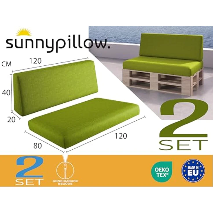 sunnypillow Palettenkissen Milano - 2er Set Palettenauflage mit abnehmbarem Bezug Kaltschaum, 2er Set Sitz- und Rückenkissen – Bild 3