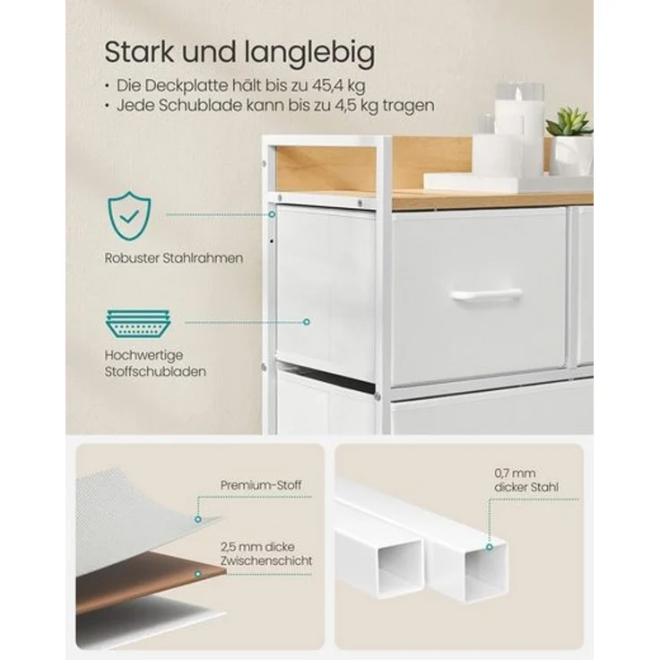 Songmics Kommode, 5 Stoff-Schubladen mit Griffen, MDF / Stahl wolkenweiß-eichenbeige, 70 x 29 x 98,2 cm – Bild 3