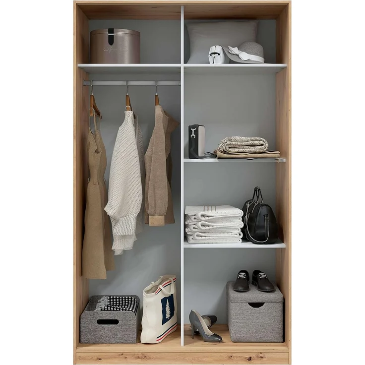 Habitdesign, Kleiderschrank mit 2 Schiebetüren – moderner Schwebetürenschrank für Schlafzimmer oder Jugendzimmer in Eiche Nodi, viel Stauraum, Maße: 120 x 200 x 50 cm (B x H x T), Modell Enzo – Bild 2
