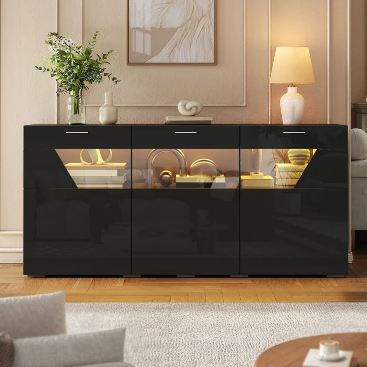 ZUBALIYA Sideboard 160x38x78 cm, mit LED-Beleuchtung, Hochglanz, mit 3 Türen, aus Spanplatte, Schwarz – Bild 2