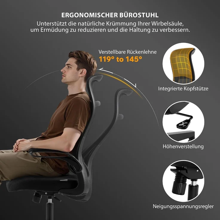 SENSE7 Revo Ergonomischer Bürostuhl Drehstuhl – Schreibtischstuhl höhenverstellbar mit atmungsaktiver Netzrückenlehne, ideal als Gaming Stuhl & für Home-Office, Schwarz – Bild 5