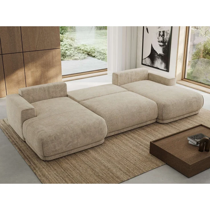 XXL Wohnlandschaft RINA U-Form 360 cm breit, Sofa mit Schlaffunktion & DL-Mechanismus, Wellenfederung, modern freistehend - Beige Schenille grob gewebt – Bild 4