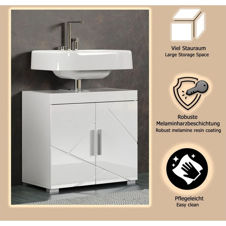 trendteam smart living - Amanda - Waschbeckenunterschrank - Weiß/Weiß Hochglanz - Unterschrank für das Badezimmer mit 2 Türen und 1 Einlegeboden - (BxHxT) 60 x 56 x 34 cm - Moderner Stil – Bild 3