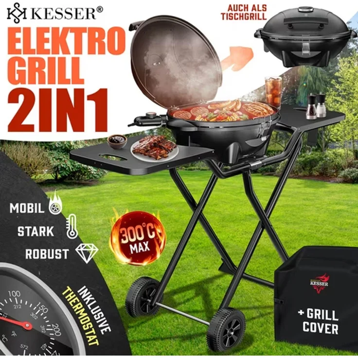 KESSER® 2in1 Elektrogrill mit Deckel und Standfuß, faltbar, mit Thermometer und 2 Räder, Aluminium schwarz, 122 x 98 x 57 cm – Bild 5