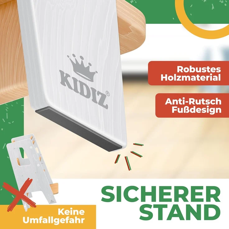 KIDIZ® Lernturm für Kinder ab 1 Jahr inkl. Lernuhr | 3-stufig Höhenverstellbarer Tritthocker aus Kiefernholz | spielerisch motorische Fähigkeiten fördern Montessori Learning Tower bis 50 kg belastbar Weiß / Hellbraun – Bild 7
