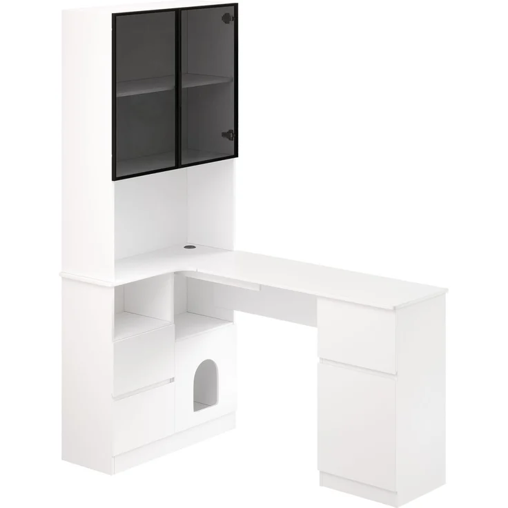 Eckschreibtisch mit Regal und LED-Vitrinenschrank 120×80×180 cm – Schreibtisch mit Kabeldurchlass, 3 Schubladen, 2 Türen, offenen Fächern & Haustierfach,Ein Eckschreibtisch mit eingebautem Bücherregal – Bild 4