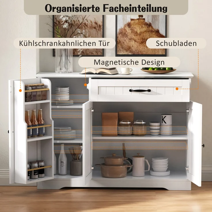 Modernes, elegantes Sideboard mit 3 Türen und einer Schublade, Buffetschrank für Esszimmer, Wohnzimmer und Diele (Weiß) – Bild 6