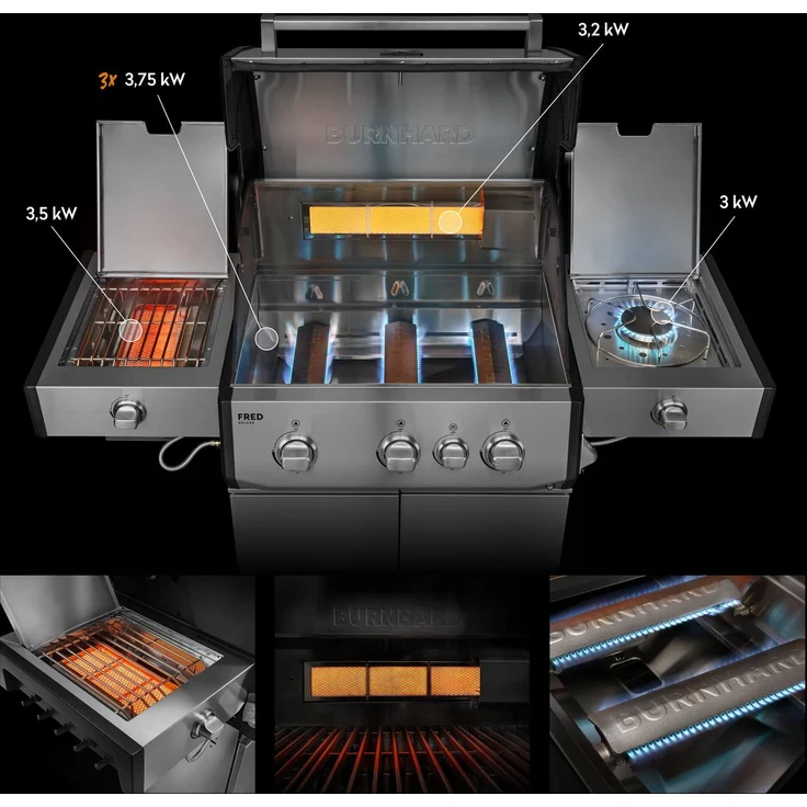 BURNHARD® Gasgrill 3-Brenner, 900°C Infrarot-Keramikbrenner, Longlife Premium-Gussbrenner, Seitenkochfeld, Edelstahl, Piezo-Zündung, Edelstahlrost – FRED Deluxe+ - Silber - #947133 – Bild 2