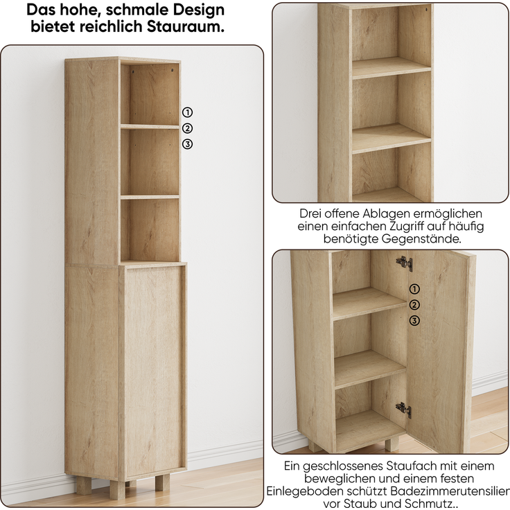 162,5 cm hoher Badezimmerschrank in Eichenoptik ,Waschmaschinenschrank,mit Türen und offenen Regalfächern; schmaler Holzschrank, geeignet für Waschküche, Balkon, Badezimmer oder Küche--Eiche--35x30x162.5cm--YOUDENOVA – Bild 6