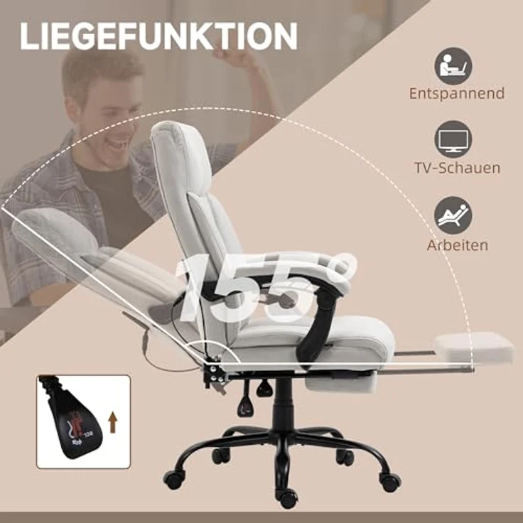 Vinsetto Bürostuhl mit Liegefunktion, höhenverstellbar und entspannender Massagefunktion – Bild 6