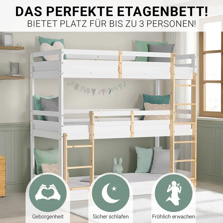 Homestyle4u Kinderbett Etagenbett 90x200 Kinder Dreifachbett Hochbett Weiß Holz Natur Stockbett Spielbett – Bild 4