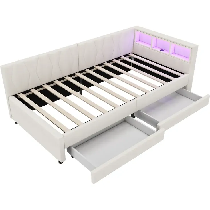 Schlafsofa mit LED-Beleuchtung, Lattenrost, Schubladen, USB/Typ-C Anschlüssen, 90x200cm, Polsterbett, Einzelbett, Leinen – Bild 6