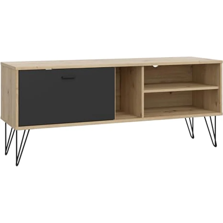 Forte NEYLE TV-Schrank 140, modernes TV-Lowboard, 1 Tür, Holzwerkstoff, Artisan Eiche Holzdekor/Schwarz, 137,8 cm breit x 58,0 cm hoch x 41,5 cm tief – Bild 5