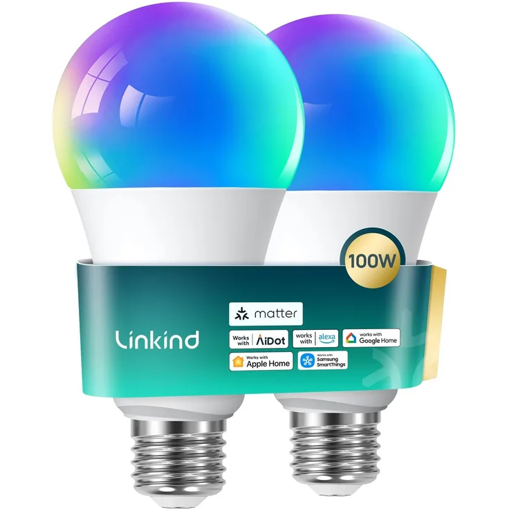 Linkind Matter E27 Smart LED Lampe 1600lm 14W, RGBTW & Weiß (1800-6500K), ersetzt 100W, 104 Szenen, 2,4GHz, kompatibel mit HomeKit/Alexa/Google/Siri/SmartThings, A67, 2er-Pack