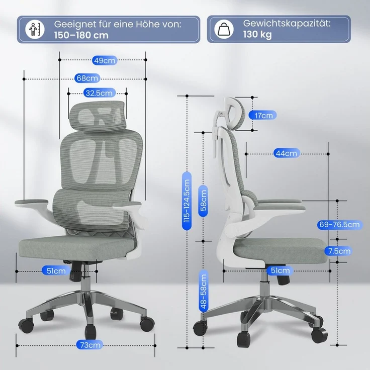 FLEXISPOT Bürostuhl Ergonomischer Schreibtischstuhl (mit 2D-Kopfstütze, Klappbare Armlehnen & Dynamische Lendenstütze), Stuhl mit 120° Wippfunktion für Homeoffice, Arbeitszimmer, Büro – Bild 2