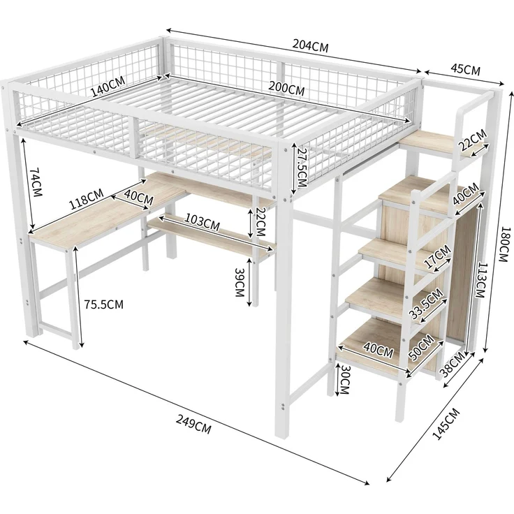 Hochbett, 140*200 cm, Eisenbett, Ablageleiter, mehrere Regale, Ohne Matratze, Einbauschrank, Schreibtisch, Weiß – Bild 6