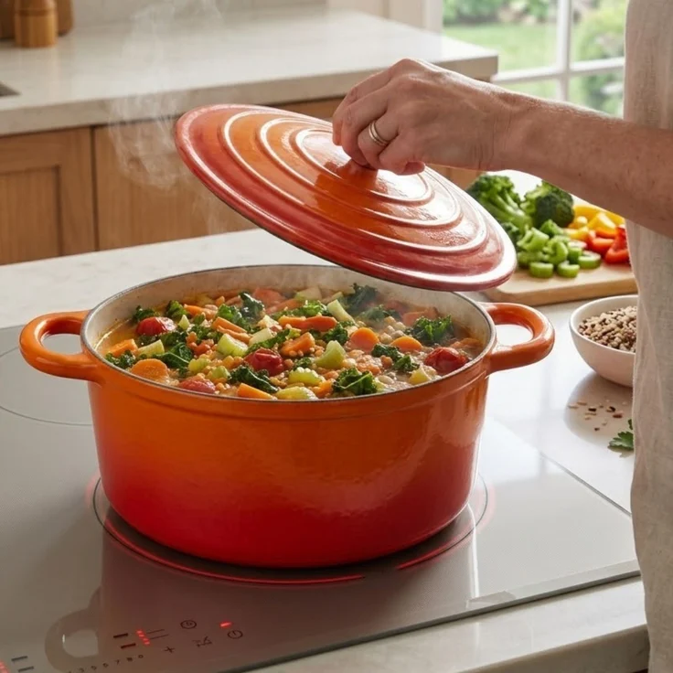 osoltus Bräter Schmortopf Gusseisen Topf 26cm 5,9 Liter Emaille Bräter Orange – Bild 4