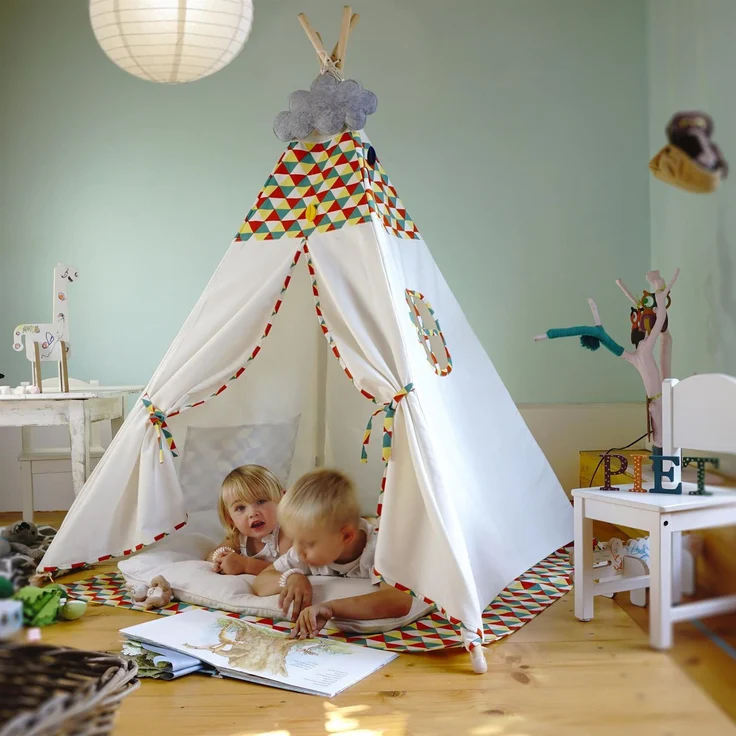 Hej Lønne Tipi Zelt für Kinder (Farbige Bemusterung), Indianerzelt, 4 Stangen, 120x120x150cm, Baumwolle – Bild 6