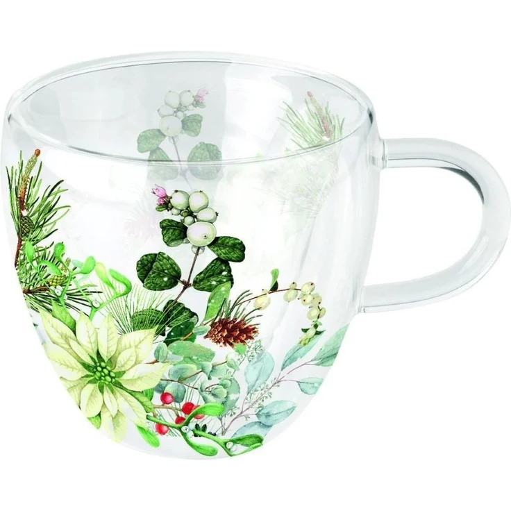Ambiente Luxury Paper Products Teeservice Blumen, Pflanzen, Tiere - Doppelwandiges Glas, Wärmeisolierung (1-tlg), Ambiente Borosilikatglas -doppelwandiges Tee-/Kaffeeglas - weiße Weihnachtssterne, Poinsettia Kollektion - Fassungsvermögen 200 ml, für Al...
