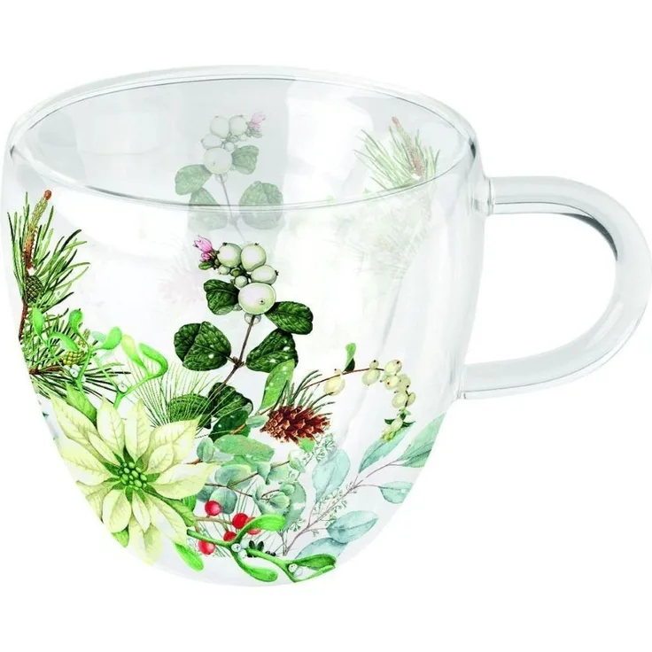 Ambiente Luxury Paper Products Teeservice Blumen, Pflanzen, Tiere - Doppelwandiges Glas, Wärmeisolierung (1-tlg), Ambiente Borosilikatglas -doppelwandiges Tee-/Kaffeeglas - weiße Weihnachtssterne, Poinsettia Kollektion - Fassungsvermögen 200 ml, für Al...