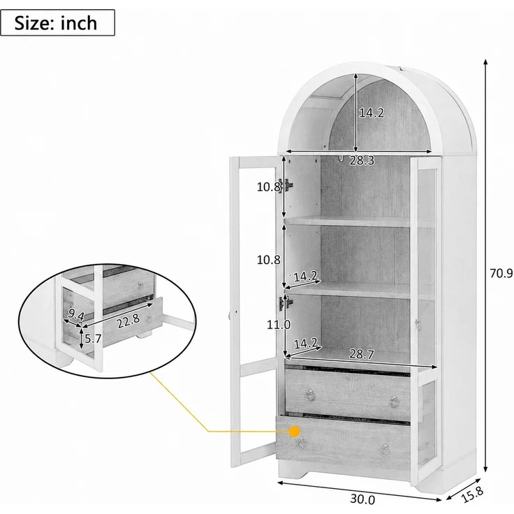 ZUBALIYA Highboard mit verstellbaren Regalböden und Schubladen / Küchenschrank mit transparentem Glas und großem Stauraum, mit ideal für Esszimmer und wohnzimmer und Küche (Weiß) – Bild 6