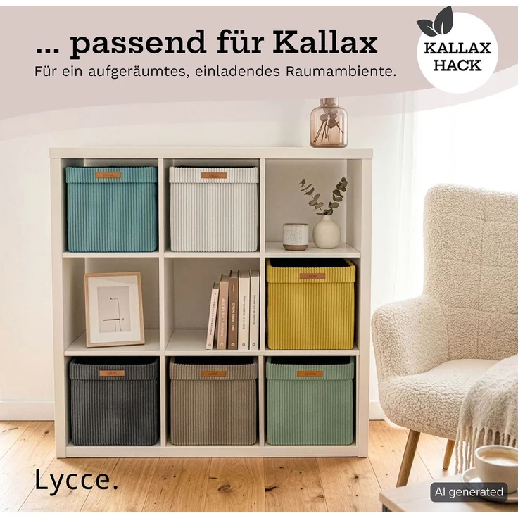 Lycce faltbare Aufbewahrungsbox, 4er Set - Cord, passend für Kallax Regal, abnehmbarer Bezug, robust, formstabil Salbeigrün 31x33x33cm – Bild 7