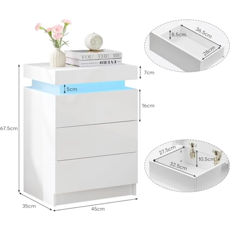 TUKAILAI Nachttisch mit LED Beleuchtung, 3 Schubladen und oberer Aufbewahrung, Hochglanz, Weißer Nachtschrank Modern, 45 x 35 x 67.5 cm für Schlafzimmer, Wohnzimmer – Bild 4