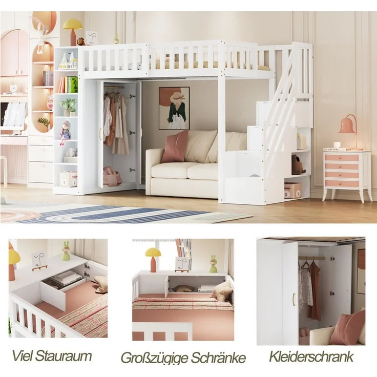 Odikalo Kinderbett Hochbett Jugendbett 90x200 mit Stauraum (Multifunktionales Hochbett 90x200 cm mit Regalen, Stauschrank und großem Kleiderschrank, Sicherheitsleiter mit Ablagefächern, Grau + Rohholzfarben) – Bild 2